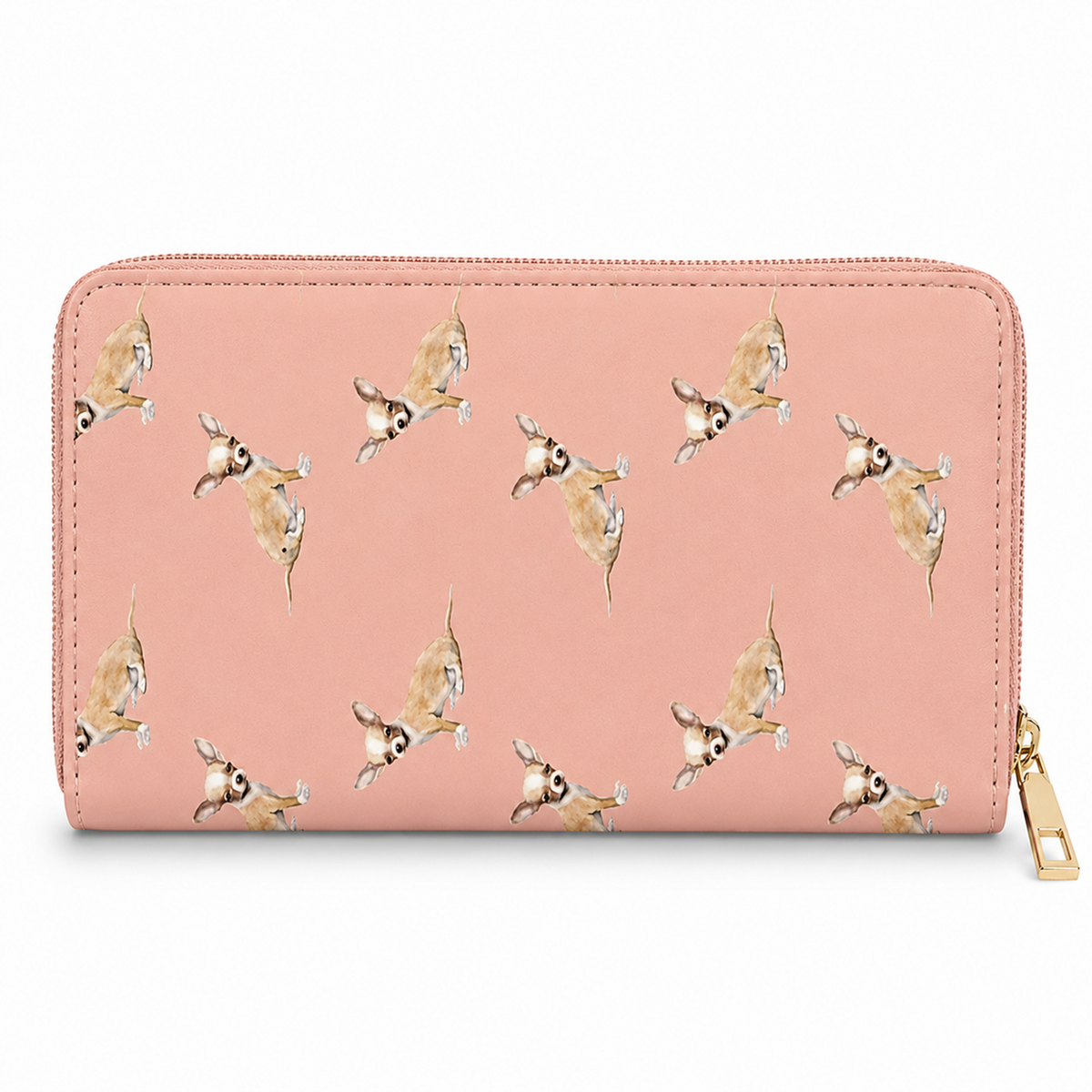 A pink zip-around wallet with a repeating pattern of small brown and white Chihuahua dogs, shown on a clean white background with a gold zipper pull.
