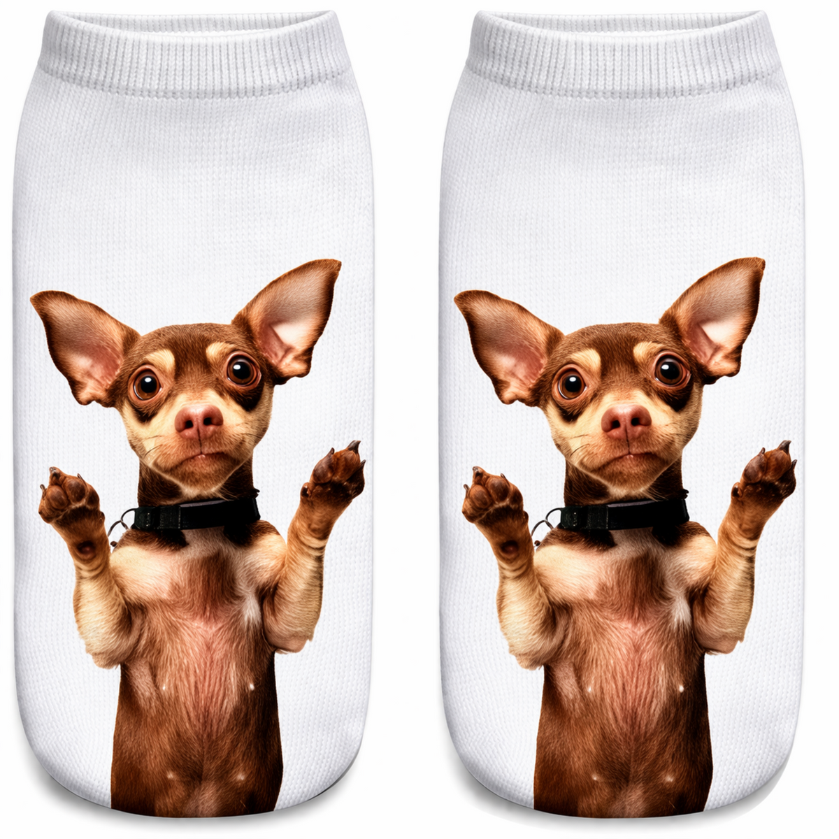 A pair of white ankle socks featuring a printed graphic of a brown and cream Chihuahua dog with its paws raised, shown against a plain white background.