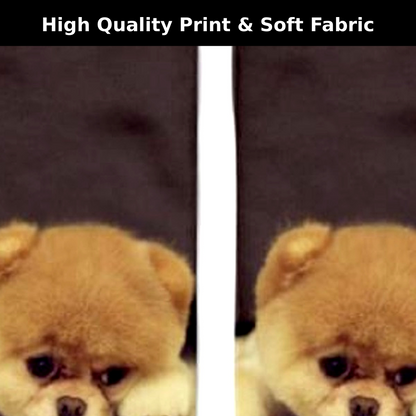 A split-screen close-up of a small fluffy tan Chow Chow dog face against a dark background, with the text 'High Quality Print & Soft Fabric' across the top. This appears to be a fabric print preview rather than a clean standalone product shot.