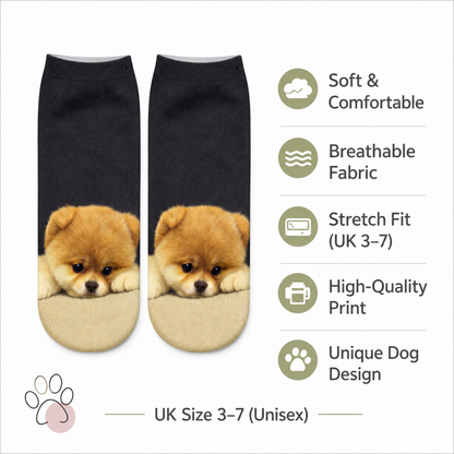 A pair of low-cut trainer socks with a printed fluffy Chow Chow dog design on the toe area, shown on a white background with feature callouts and size text. The socks are dark charcoal/black above the print and beige/tan below, with the puppy in tan and cream tones.