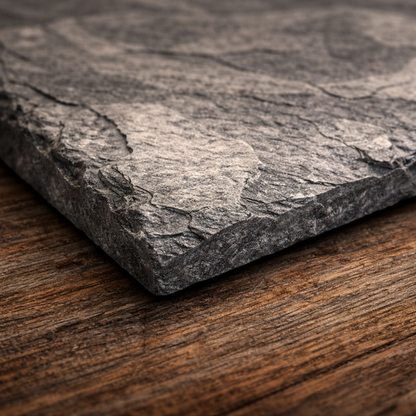 A close-up of a dark gray slate stone tile with a rough, textured surface, resting on a rustic brown wooden surface.