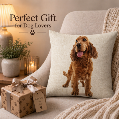 A square throw pillow with a printed image of a brown Cocker Spaniel dog on a beige linen-textured background, styled on a cream sofa next to a wrapped gift box and a cozy knit blanket. Text overlay reads 'Perfect Gift for Dog Lovers'.