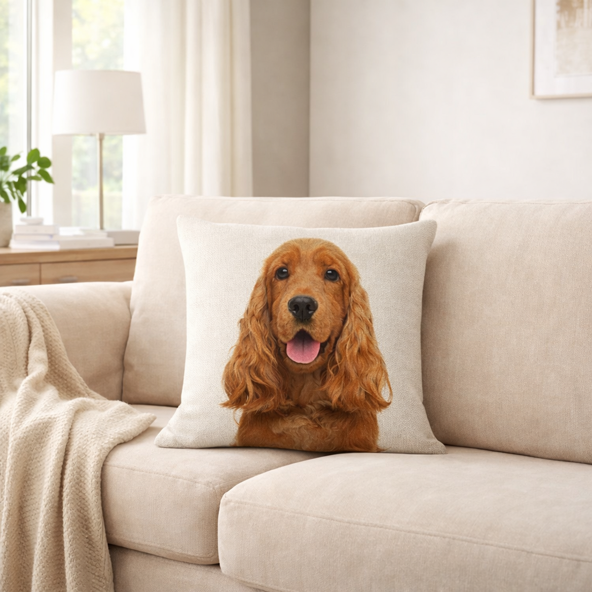 A square throw pillow featuring a printed portrait of an Cocker Spaniel  dog on a light beige background, styled on a cream-colored sofa in a bright, modern living room.