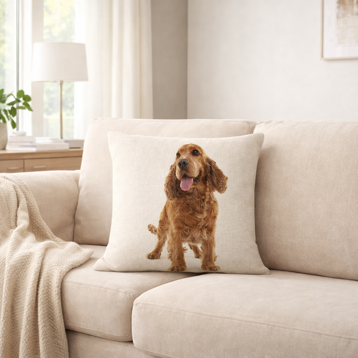 A square beige throw pillow featuring a printed photo of a brown Cocker Spaniel dog, styled on a light beige sofa in a bright, modern living room.