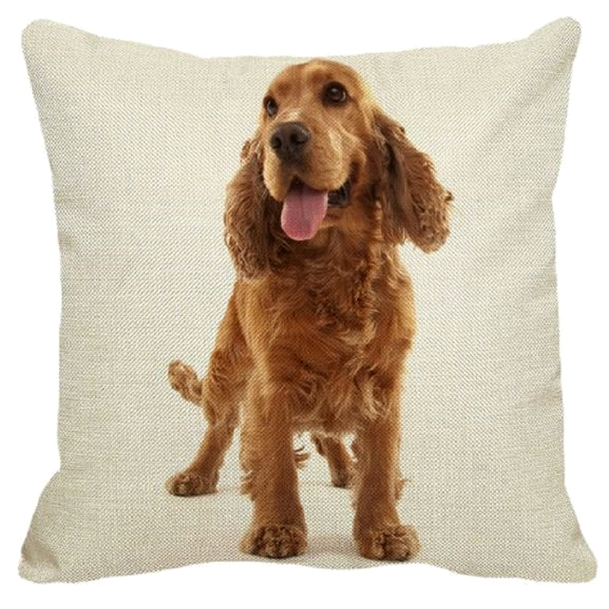 A square throw pillow featuring a printed photo of a brown Cocker Spaniel dog on a light beige textured fabric background.