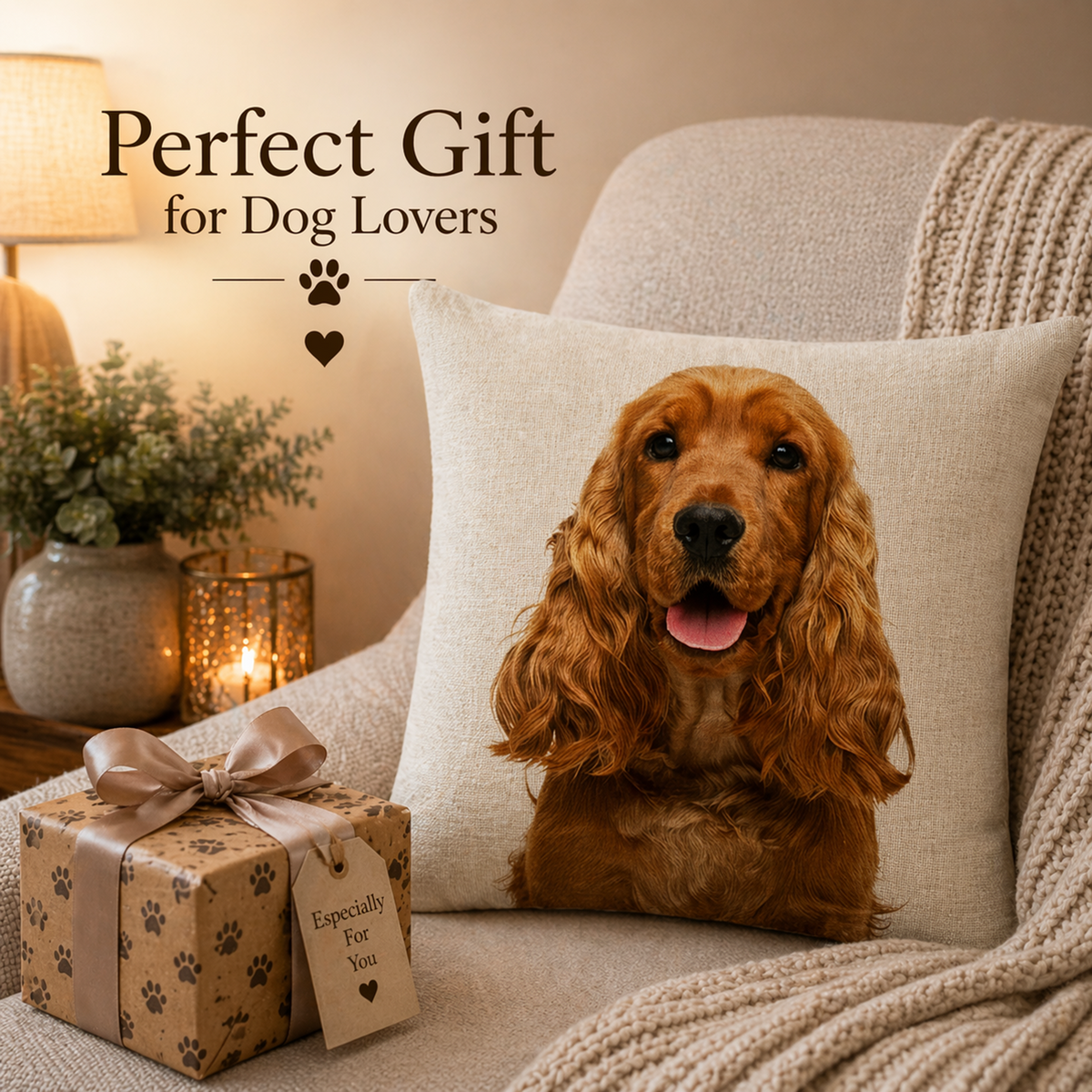 A square throw pillow featuring a printed portrait of a golden-brown Cocker Spaniel dog, styled on a beige armchair next to a wrapped gift box with paw-print patterns and the text 'Perfect Gift for Dog Lovers'.