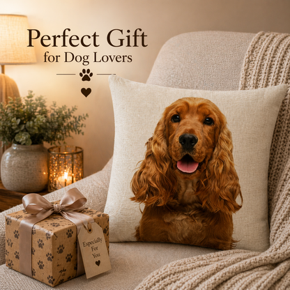 A square throw pillow featuring a printed portrait of a golden-brown Cocker Spaniel dog, styled on a beige armchair next to a wrapped gift box with paw-print patterns and the text 'Perfect Gift for Dog Lovers'.