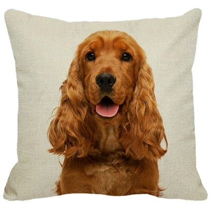Pillow with a Cocker Spaniel dog's face printed on it against a beige background