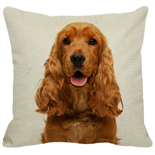 Pillow with a Cocker Spaniel dog's face printed on it against a beige background
