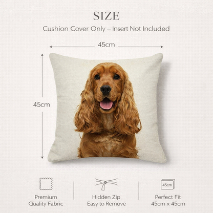 Size diagram for a square cushion cover showing a printed Cocker Spaniel  dog portrait on a light fabric background, with dimension labels of 45cm by 45cm and text stating cushion cover only and insert not included.