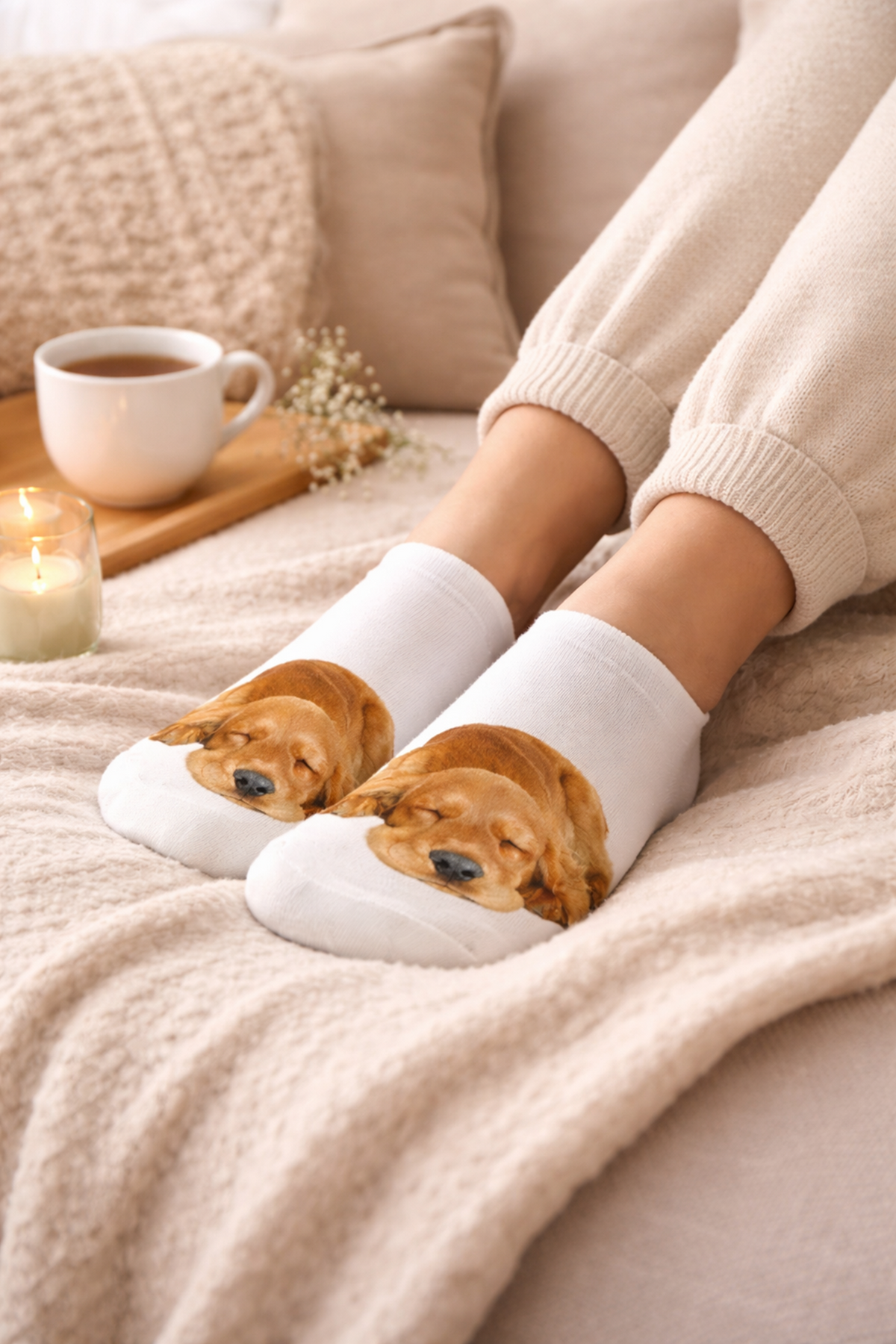 A person sitting on a cosy bed wearing white socks with a printed sleeping Cocker Spaniel dog face on each sock. The scene includes beige knit pants, a soft blanket, a cup of coffee on a tray, and a lit candle in the background.