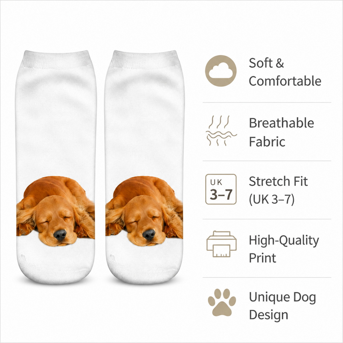Two white ankle socks with a printed sleeping Cocker Spaniel dog design, shown next to a feature list on a light grey background. The text highlights soft comfort, breathable fabric, stretch fit, high-quality print, and a unique dog design.