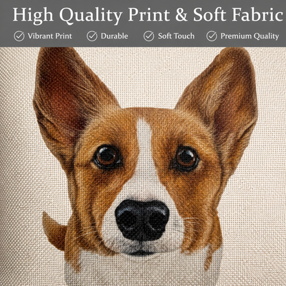 A close-up of a printed fabric featuring a detailed brown and white Corgi dog face, with a dark grey banner at the top reading 'High Quality Print & Soft Fabric' and listing quality features.