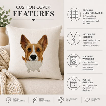 A beige cushion cover featuring a printed portrait of a corgi dog, displayed on a sofa next to a throw blanket. The right side of the image contains feature callouts with icons and text about premium linen feel fabric, hidden zip closure, machine washability, and a perfect gift idea.