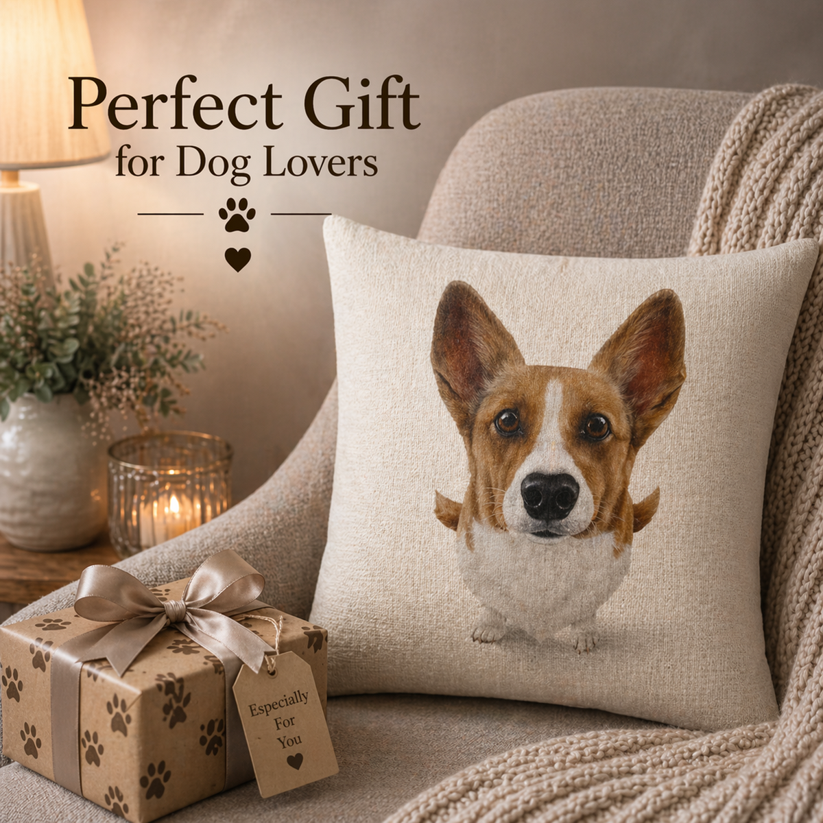 A square beige throw pillow featuring a printed portrait of a corgi dog, styled on a cozy upholstered armchair beside a wrapped gift box with a ribbon. Warm ambient lighting, a knit blanket, and the text 'Perfect Gift for Dog Lovers' appear in the scene.