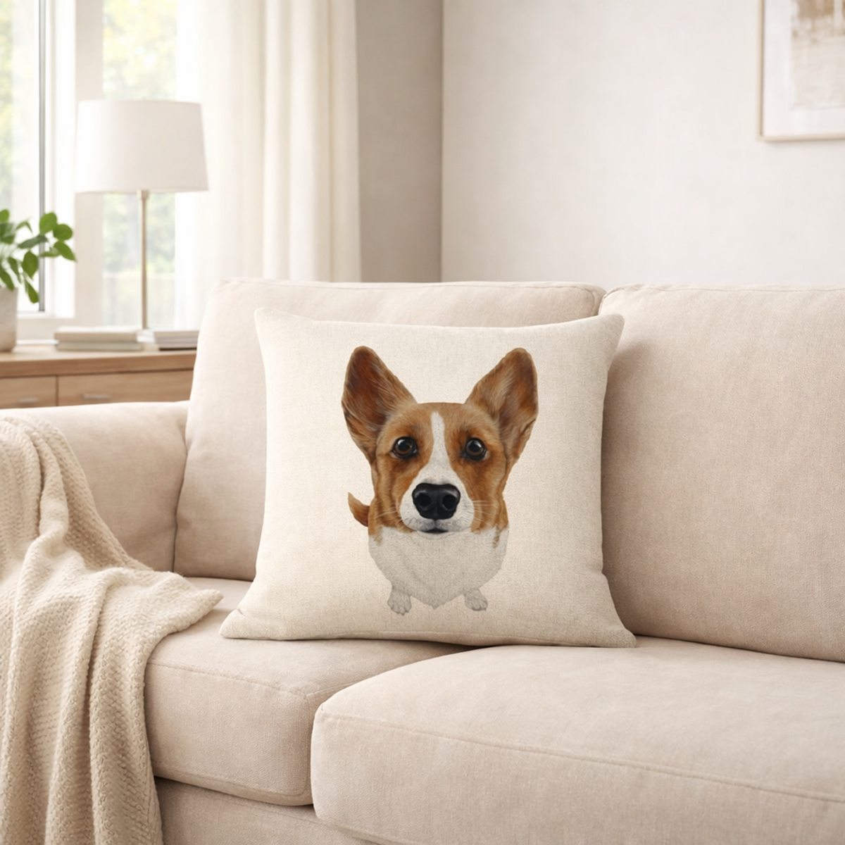 A square throw pillow featuring a printed portrait of a corgi dog, resting on a beige fabric sofa in a bright, modern living room.