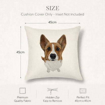 A size diagram for a square cushion cover showing a printed corgi portrait. The text at the top reads 'SIZE Cushion Cover Only - Insert Not Included' with dimensions marked as 45cm by 45cm.