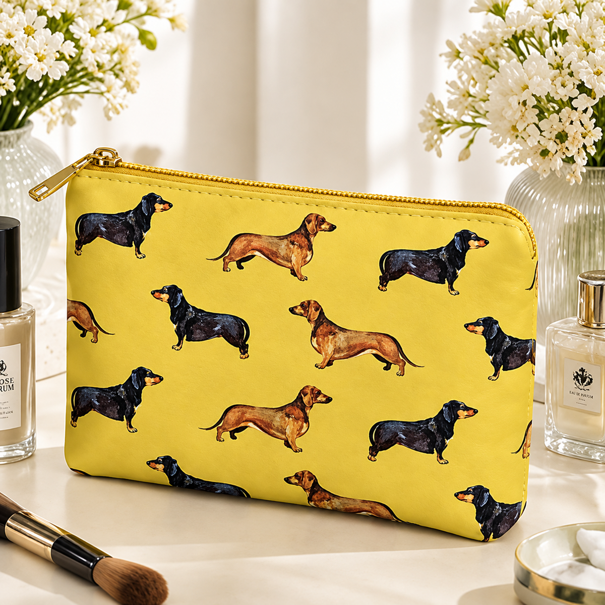 A mustard zipped cosmetic bag with a repeating dachshund print, styled on a light marble surface with flowers, perfume bottles, and a makeup brush around it.