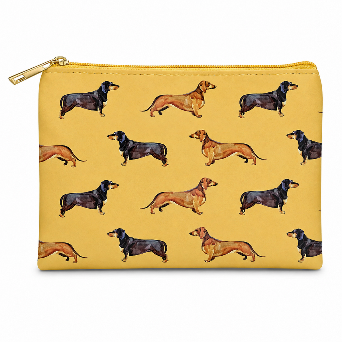 A mustard zipped cosmetic bag featuring a repeating pattern of dachshund dogs in tan and black, with a gold zipper and pull tab, shown on a plain white background.