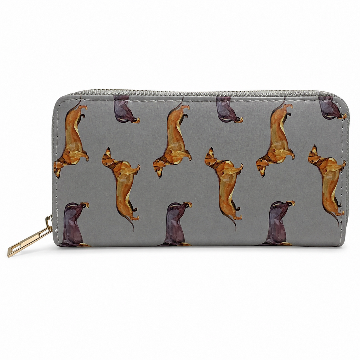 A gray zip-around wallet with a repeating pattern of dachshund dogs in brown and purple, shown on a clean white background.