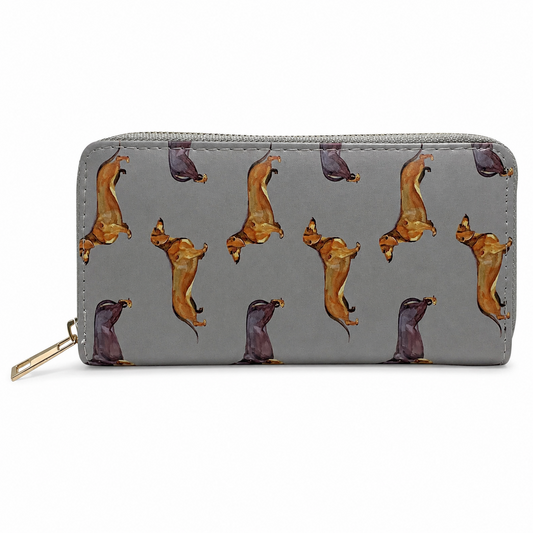 A gray zip-around wallet with a repeating pattern of dachshund dogs in brown and purple, shown on a clean white background.