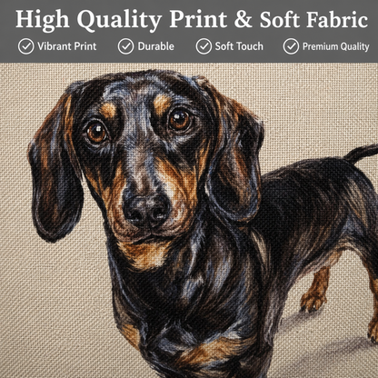 Close-up of black and tan dachshund illustration on beige sausage dog cushion cover, showing detailed colour print and soft, textured linen-feel fabric.