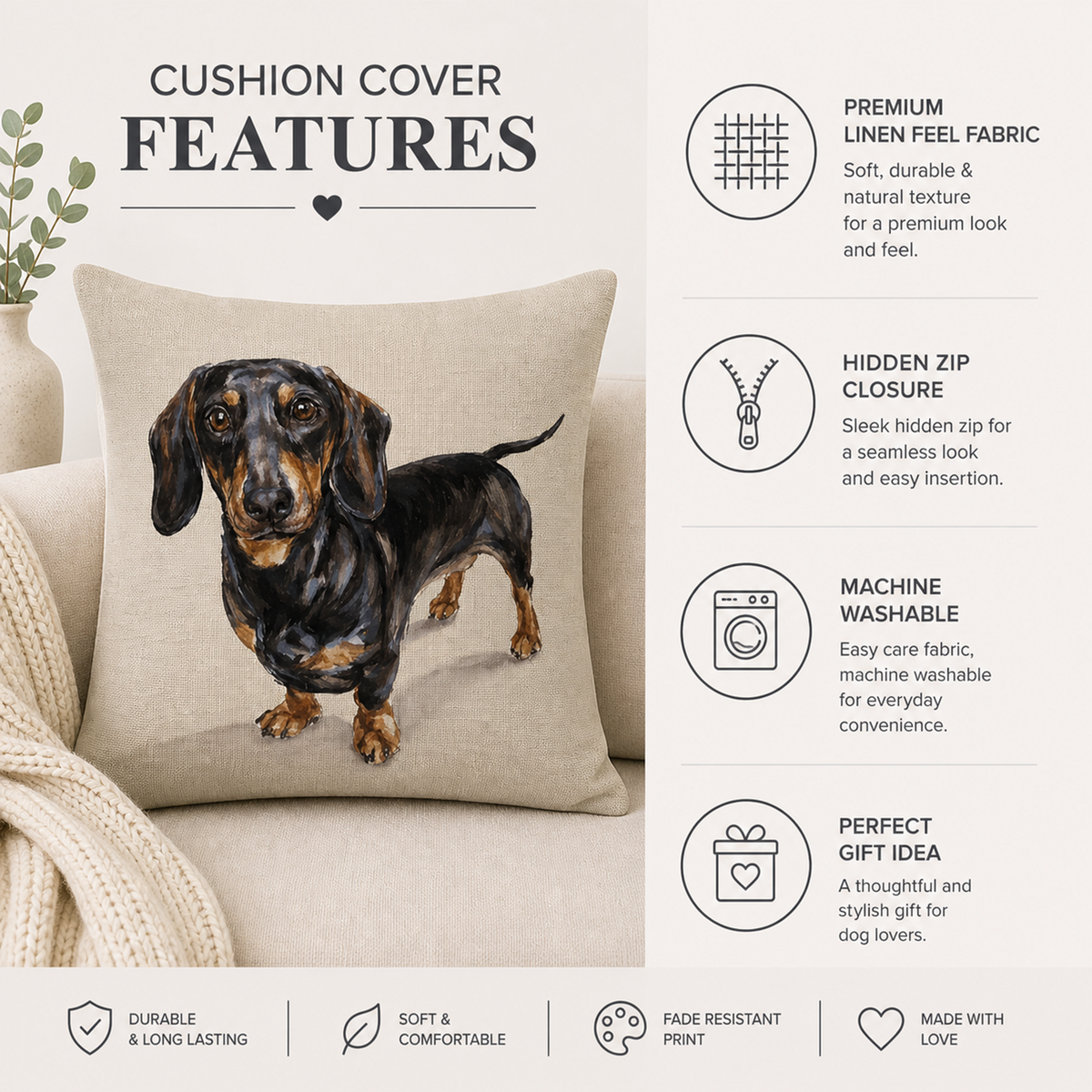 Dachshund cushion cover features infographic showing black and tan sausage dog design, premium linen-feel fabric, hidden zip closure and machine washable material.