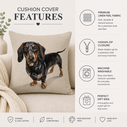 Dachshund cushion cover features infographic showing black and tan sausage dog design, premium linen-feel fabric, hidden zip closure and machine washable material.