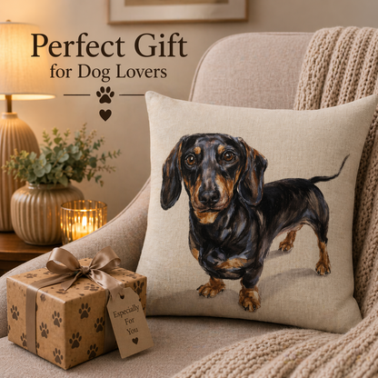 Beige dachshund cushion cover featuring a black and tan sausage dog illustration, displayed with a wrapped present as a gift idea for dachshund owners and dog lovers.