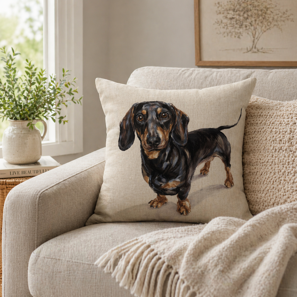 Beige dachshund cushion cover featuring a detailed black and tan sausage dog illustration, displayed on a cosy cream armchair with a knitted throw.
