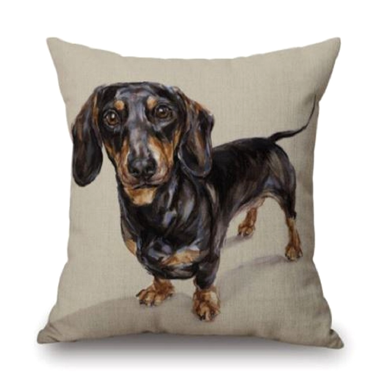 Beige dachshund cushion cover featuring a detailed colour sketch illustration of a black and tan sausage dog standing against a neutral background.