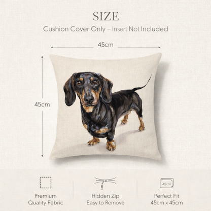 Dachshund sausage dog cushion cover size guide showing 45cm x 45cm dimensions, black and tan dog illustration, premium fabric and hidden zip. Cushion insert not included.