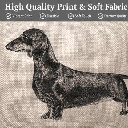A close-up of a cushion cover featuring a black-and-grey dachshund illustration on a warm beige woven background, with a dark grey banner at the top reading 'High Quality Print & Soft Fabric' and listing quality claims.