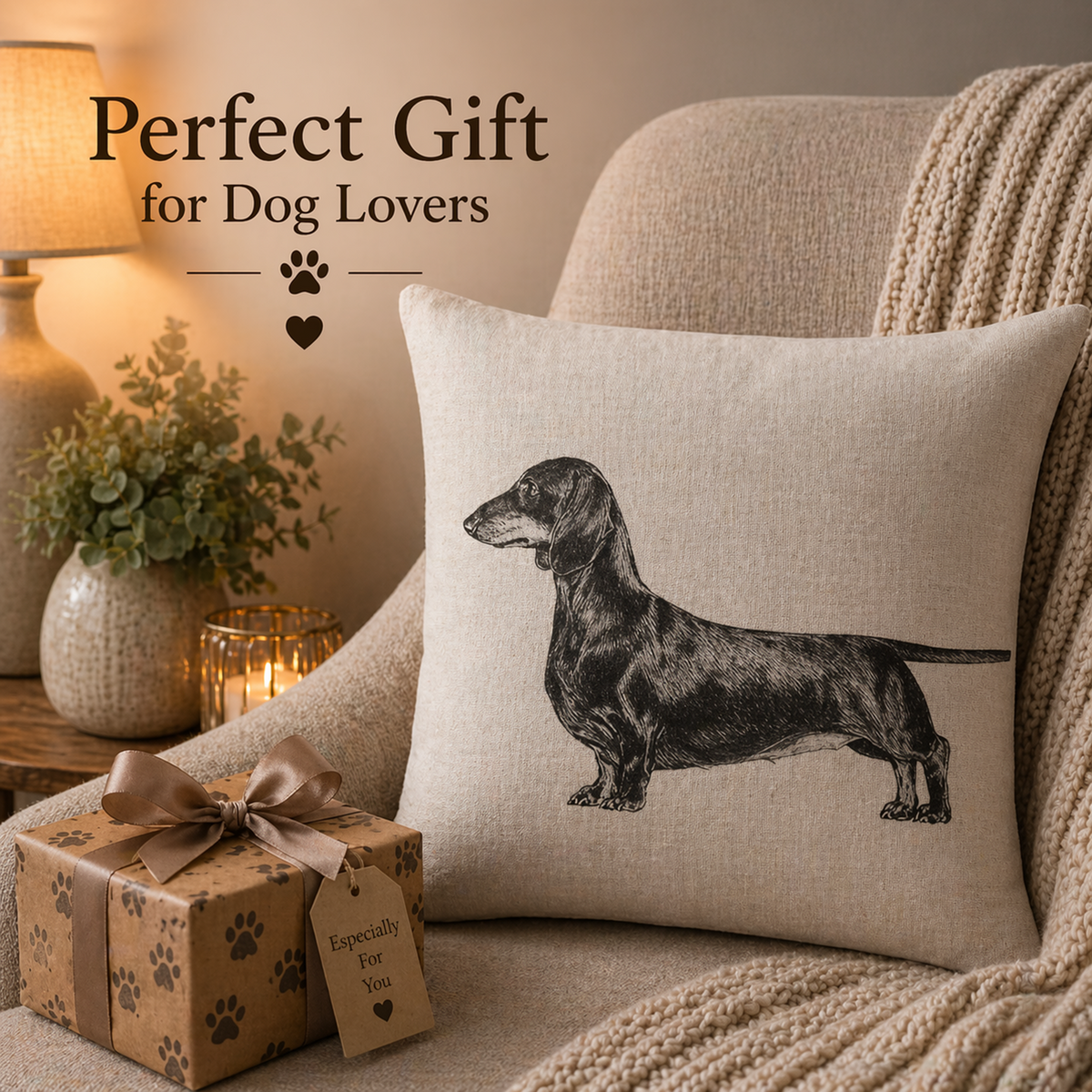 A beige throw pillow with a black dachshund illustration sits on a cream armchair in a cosy living room setting. A wrapped gift box with paw-print patterns and a tag reading 'Especially For You' rests beside it.