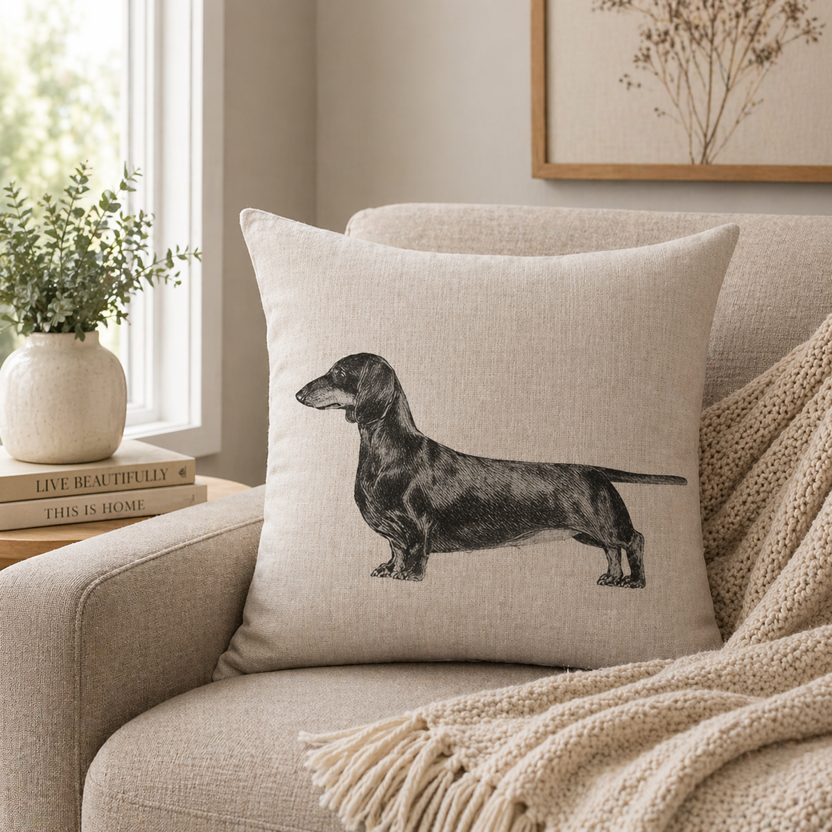 A square beige cushion cover pillow featuring a black line-art illustration of a dachshund, styled on a cream-colored armchair next to a knitted cream throw blanket and a window.