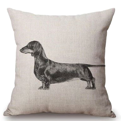 Pillow cushion cover with a dachshund illustration on a beige background