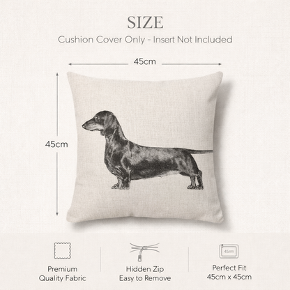 Size diagram for a square cushion cover showing dimensions of 45cm by 45cm, with a dachshund illustration printed on the front. Text at the top reads 'SIZE' and 'Cushion Cover Only - Insert Not Included,' and feature icons at the bottom mention premium quality fabric, hidden zip, and easy removal.