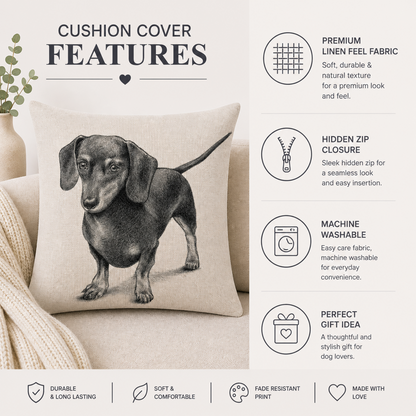 A beige cushion cover featuring a black-and-white sketch of a dachshund, shown on a sofa with marketing text on the right and bottom highlighting features like premium linen feel fabric, hidden zip closure, machine washable, and fade resistant print.