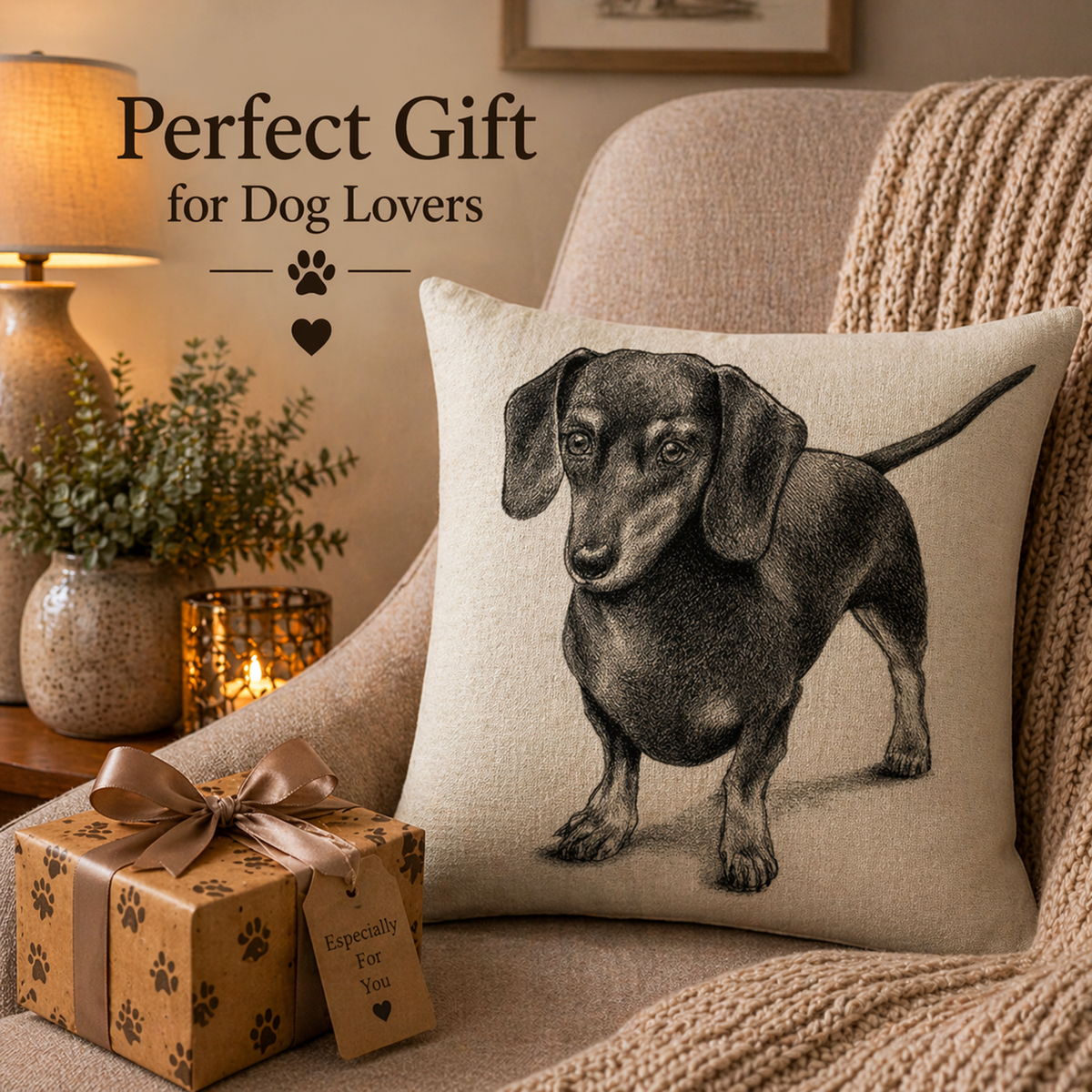 A square beige cushion cover pillow featuring a black ink sketch of a dachshund, styled on a cosy beige armchair next to a wrapped gift box and warm home decor. Text overlay reads 'Perfect Gift for Dog Lovers'.