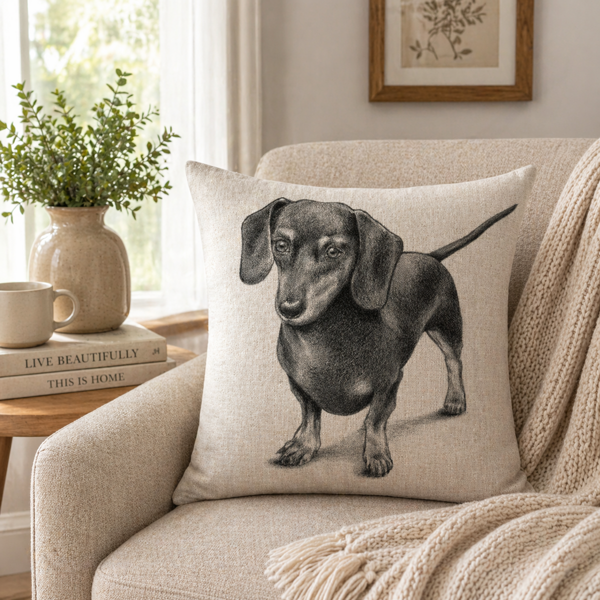 A square beige cushion cover pillow featuring a detailed black ink sketch of a dachshund, styled on a cream-colored armchair in a cosy living room setting.