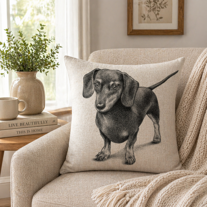 A square beige cushion cover pillow featuring a detailed black ink sketch of a dachshund, styled on a cream-colored armchair in a cosy living room setting.