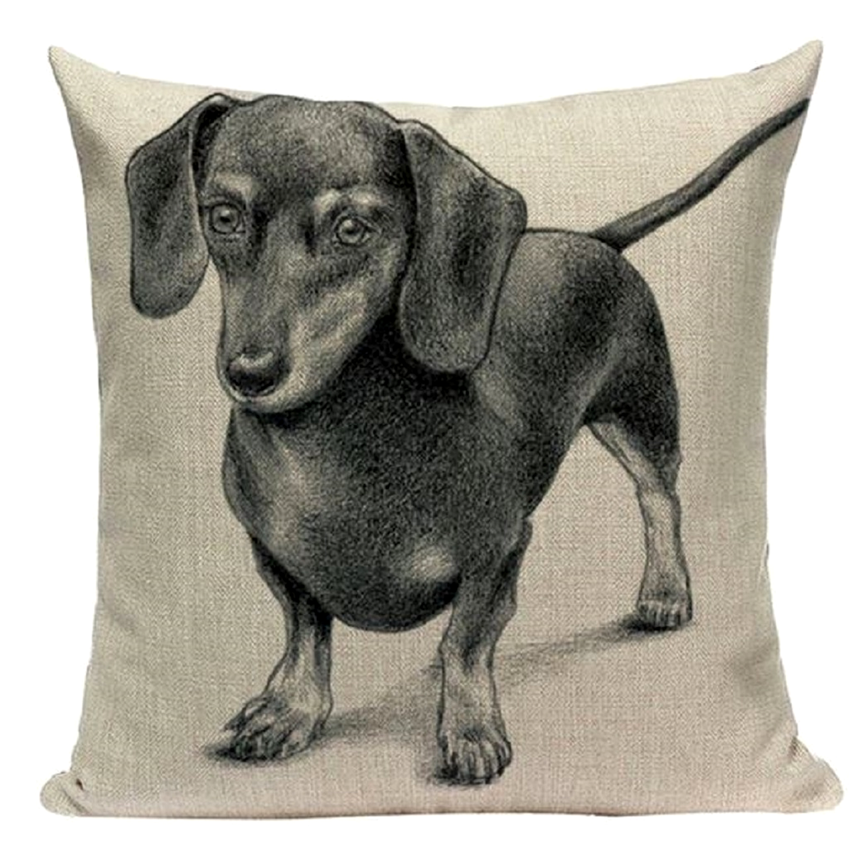 Pillow cushion cover with a dachshund sausage dog illustration on a beige background