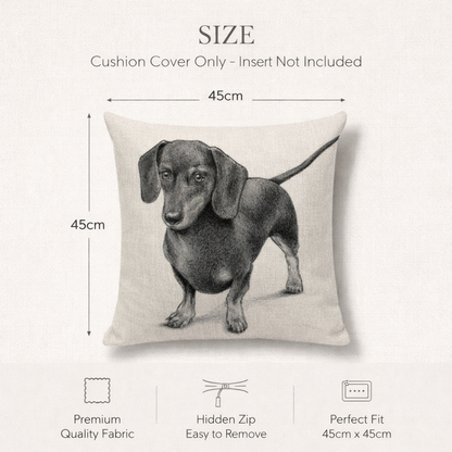 Size diagram for a square cushion cover featuring a black-and-white dachshund illustration. Text at the top reads 'SIZE' and 'Cushion Cover Only - Insert Not Included,' with dimensions marked as 45cm by 45cm.