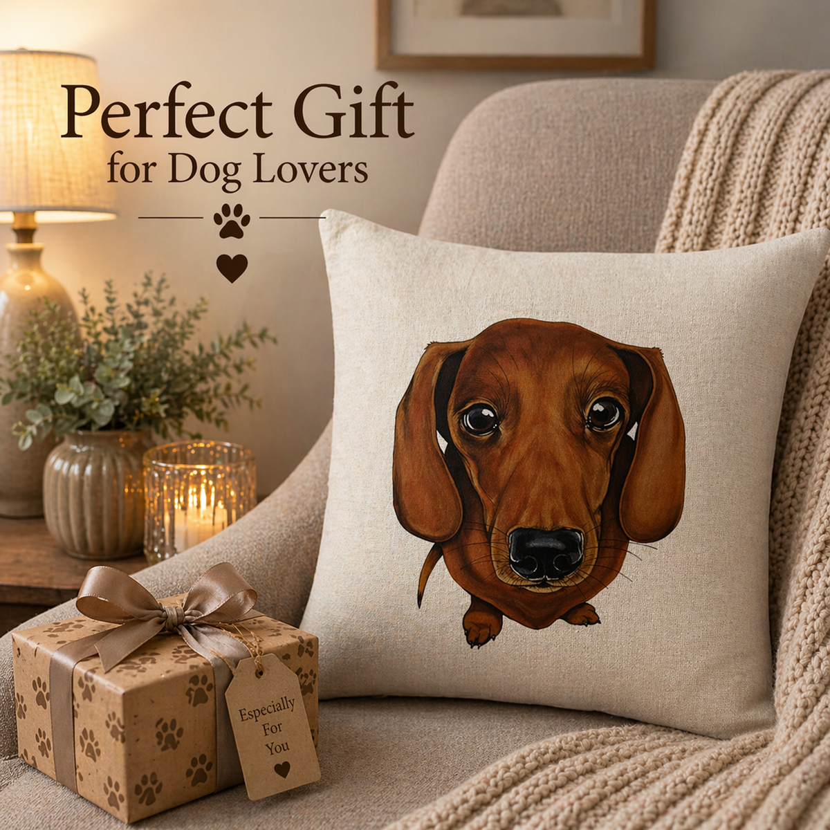 A square beige cushion cover featuring a detailed illustration of a brown dachshund, styled on a cosy beige armchair next to a knitted blanket and a wrapped gift box with paw-print patterns. Text overlay reads 'Perfect Gift for Dog Lovers'.