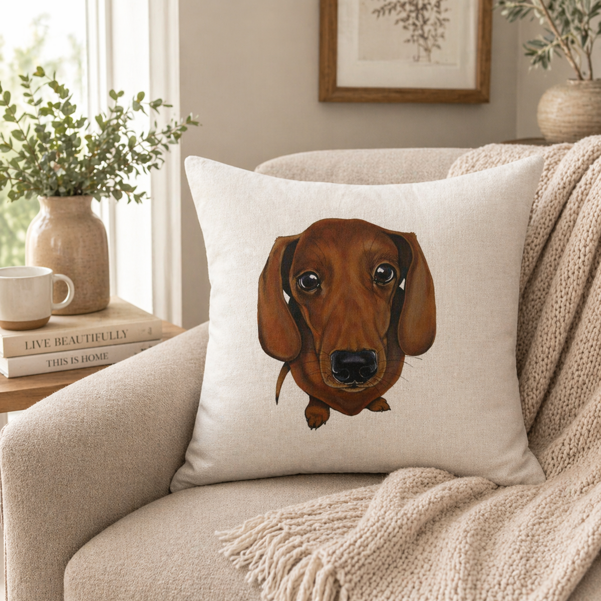 A square off-white throw cushion cover featuring a detailed brown dachshund illustration, resting on a beige armchair in a cosy living room setting with a knitted blanket and a side table.