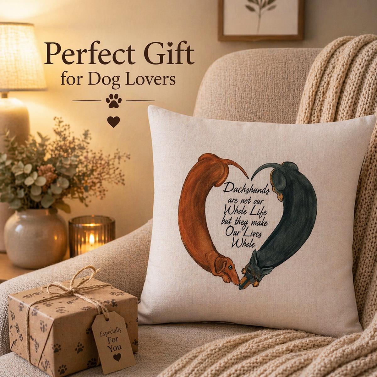 A square cushion cover pillow in a cosy living room setting, featuring a printed design of two dachshunds forming a heart shape with the text 'Dachshunds are not our Whole Life but they make Our Lives Whole.' A wrapped gift box and a lamp are visible in the background, with the text 'Perfect Gift for Dog Lovers' overlaid on the image.