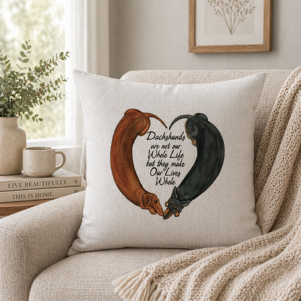 A square cushion cover pillow in a cosy living room setting, featuring an illustration of two dachshunds forming a heart shape with the text 'Dachshunds are not our Whole Life but they make Our Lives Whole'.