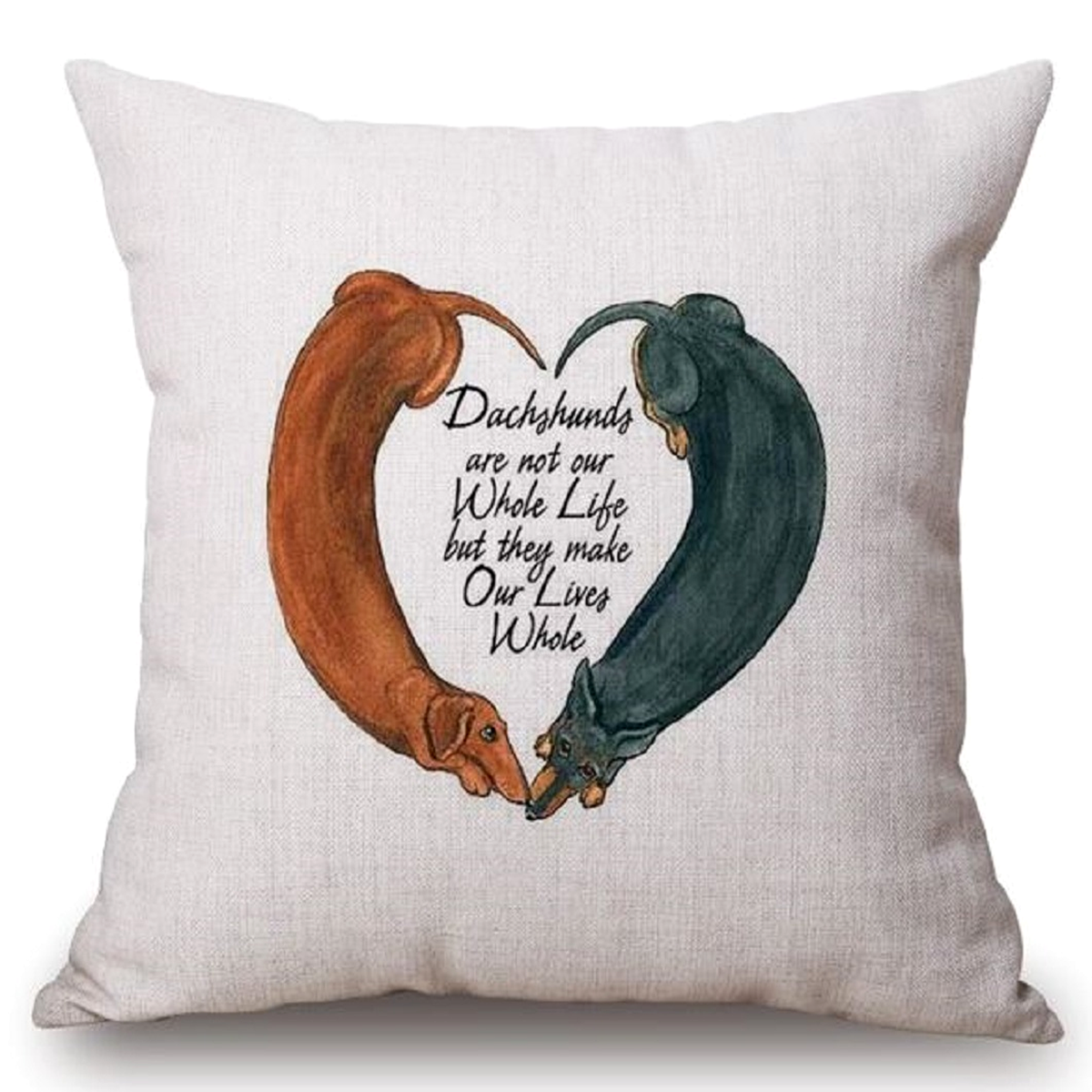 Decorative pillow cushion cover with two dachshunds forming a heart and text on a white background