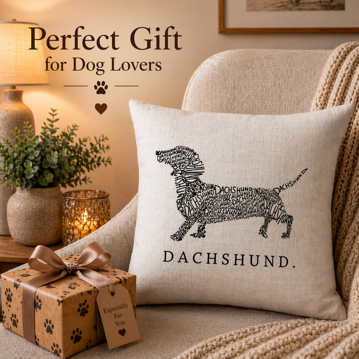 A square beige cushion cover pillow with a black Dachshund silhouette made of pet names and the word 'DACHSHUND.' printed below, styled on a cream armchair in a warm living-room setting.
