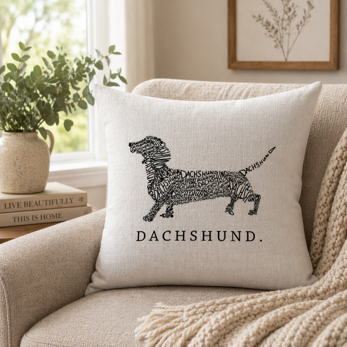 A square beige cushion cover pillow with a black word-art dachshund design and the word 'DACHSHUND.' printed below, resting on a beige armchair in a softly lit room with a plant and framed wall art in the background.